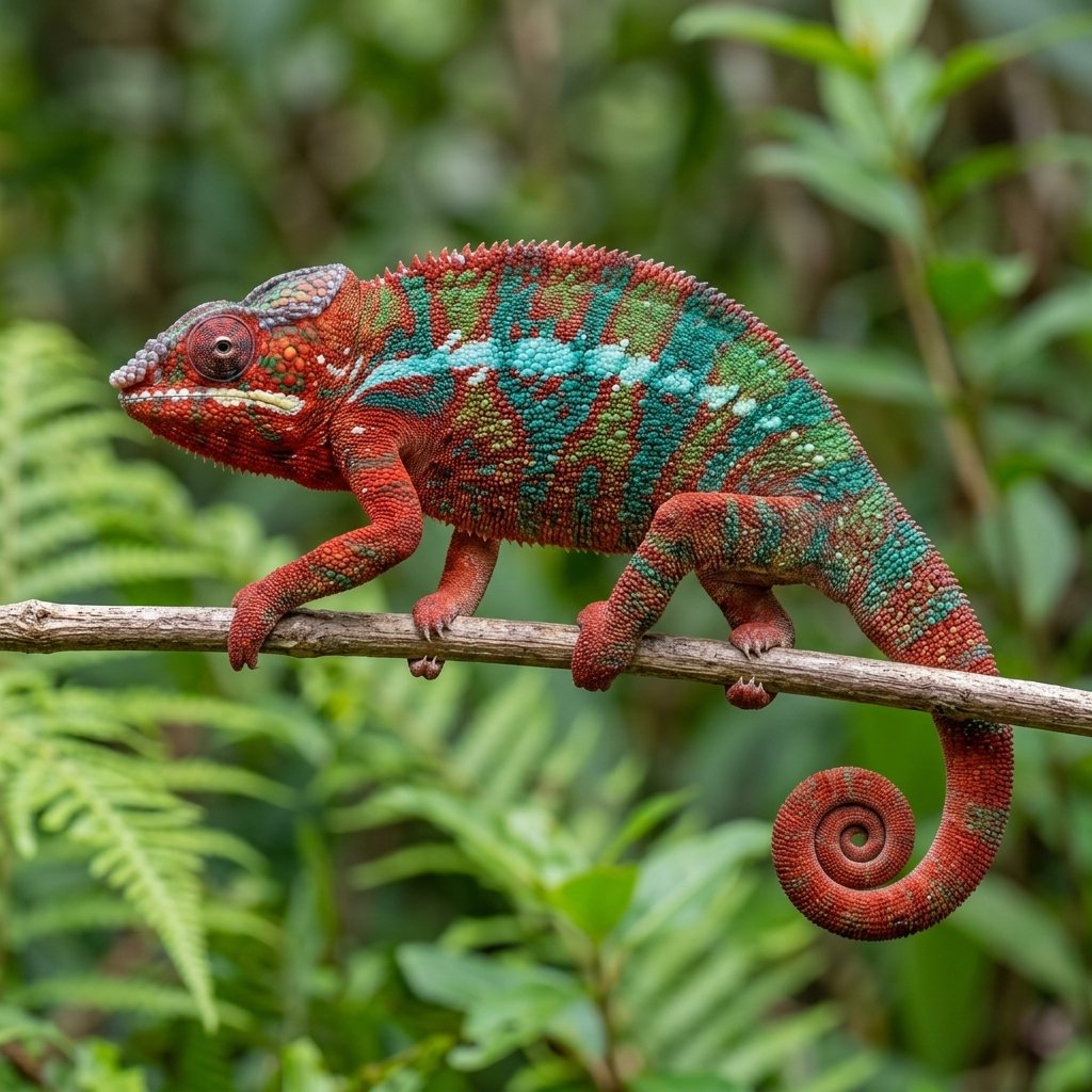 Camaleón pantera rojo en hábitat tropical para terrario