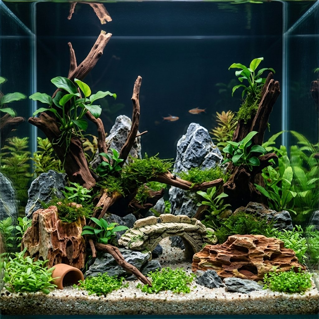 Decoración para acuario con plantas, rocas y troncos