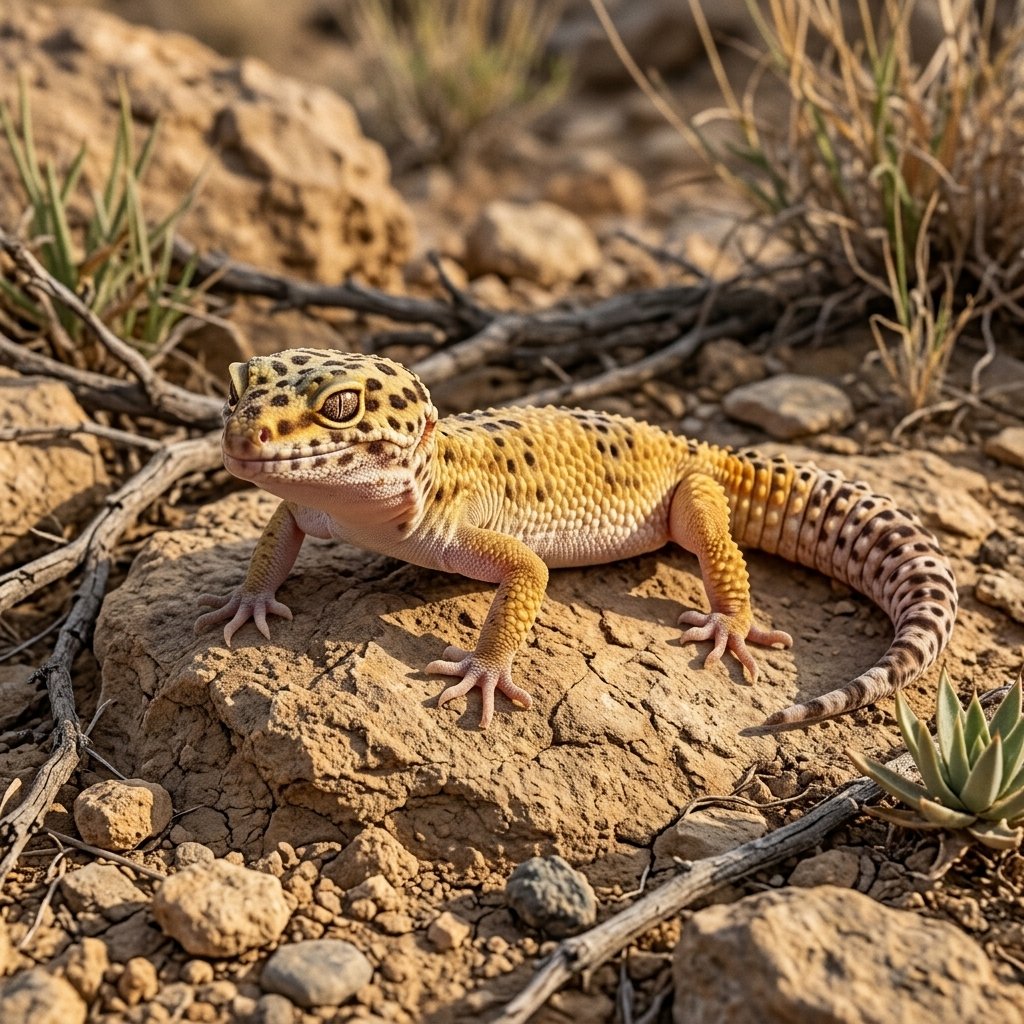 Ejemplar de gecko leopardo sobre piedra de arenisca