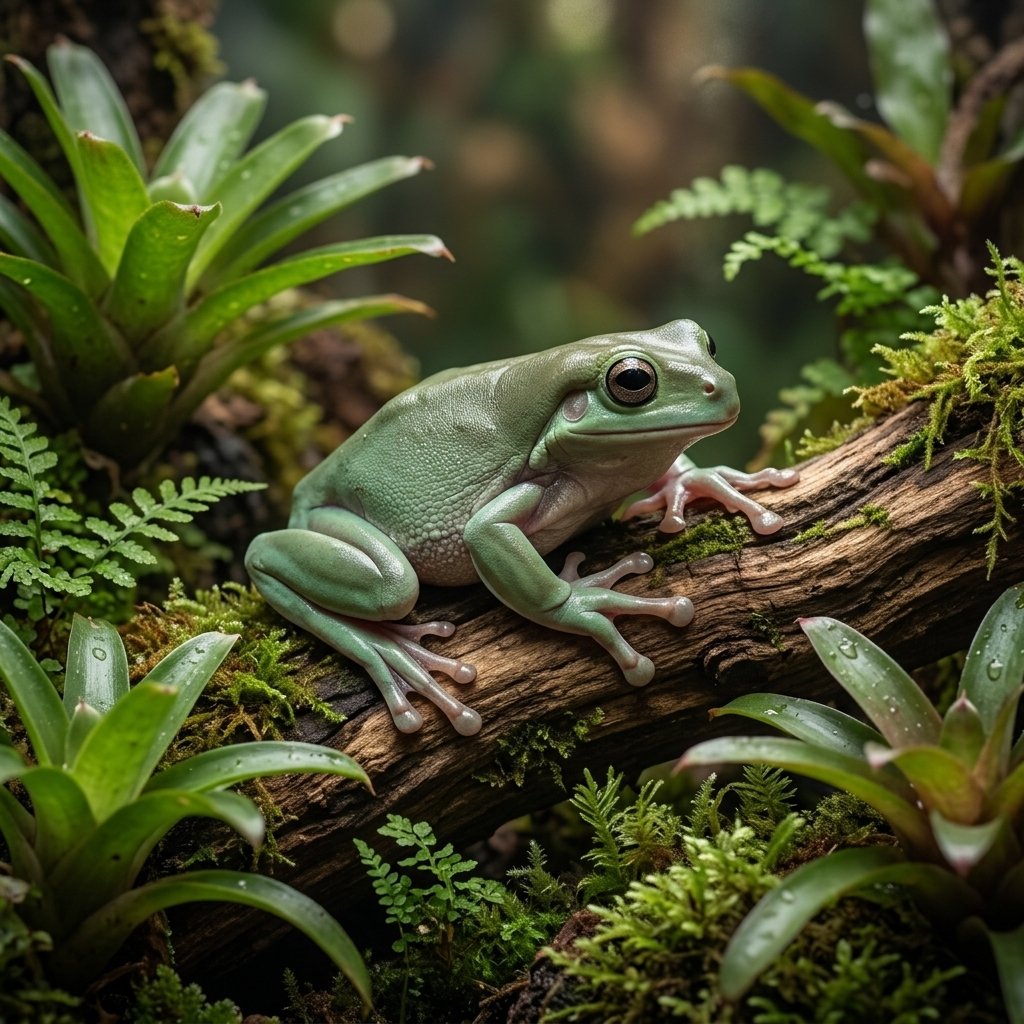 Rana arborícola en hábitat tropical para terrario