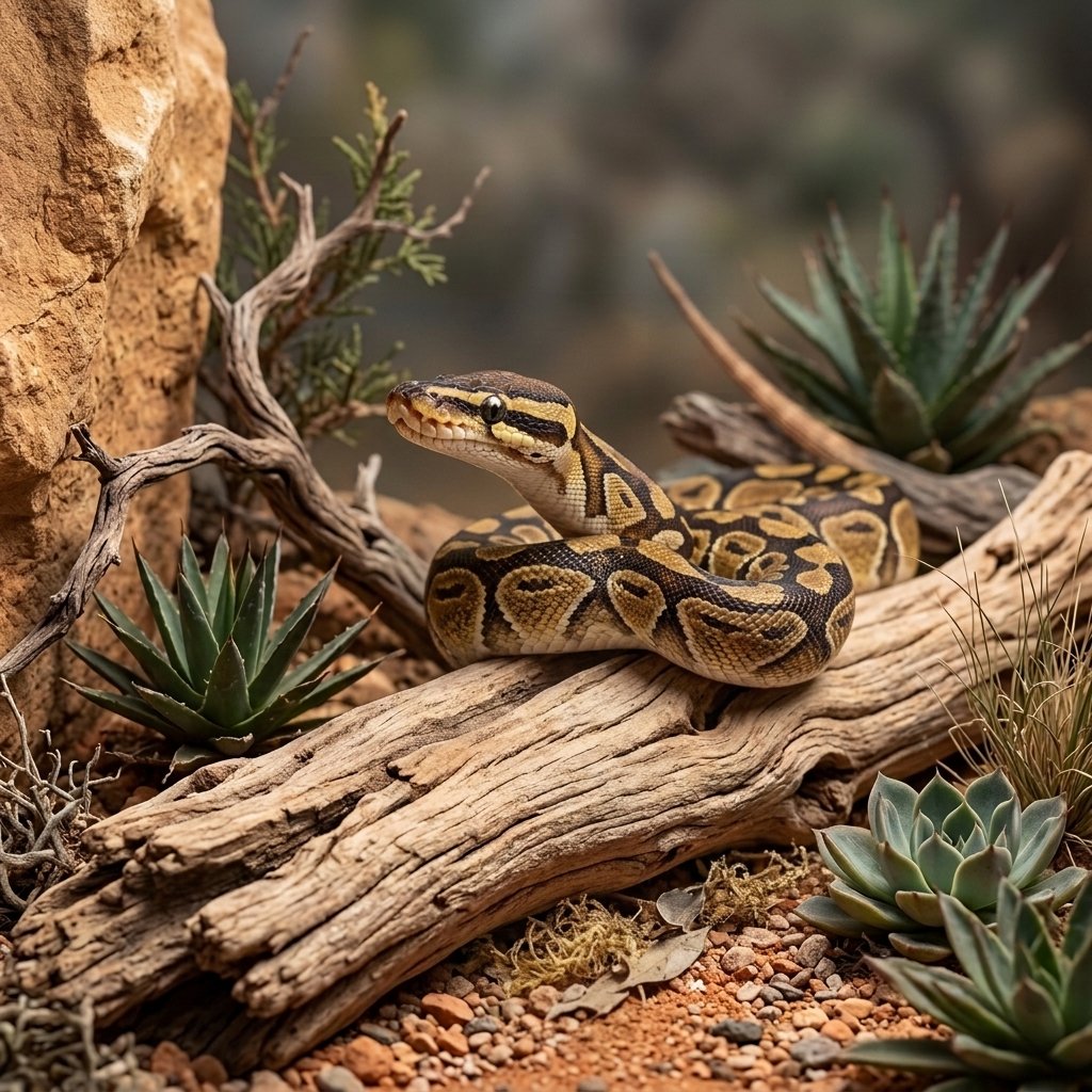 Pitón real en hábitat natural para terrario