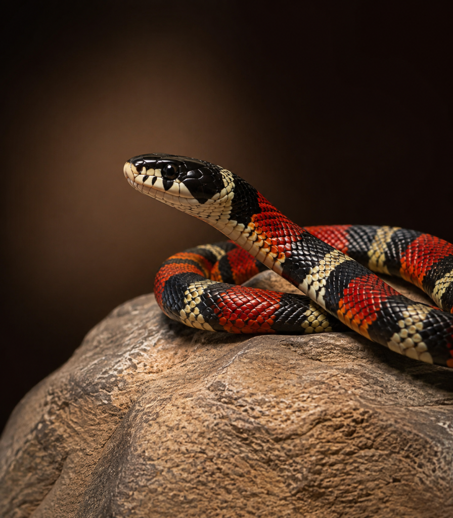 Serpiente, falsa coral sobre piedra de arenisca